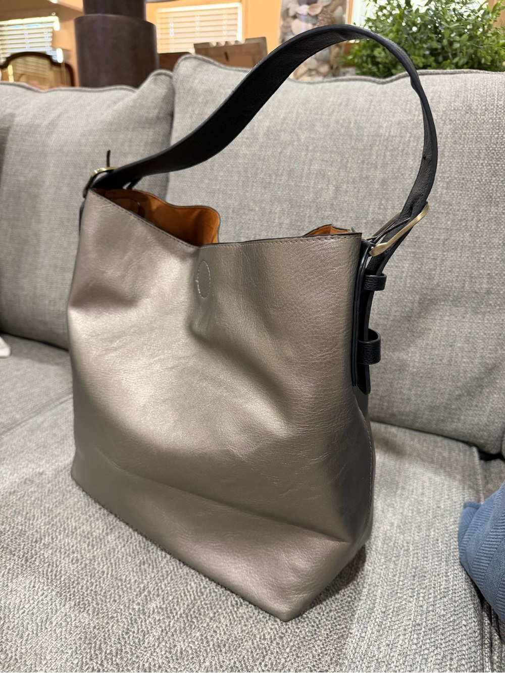 Joy Joy MetallicBronze Leather Shoulder Bag with Black Strap